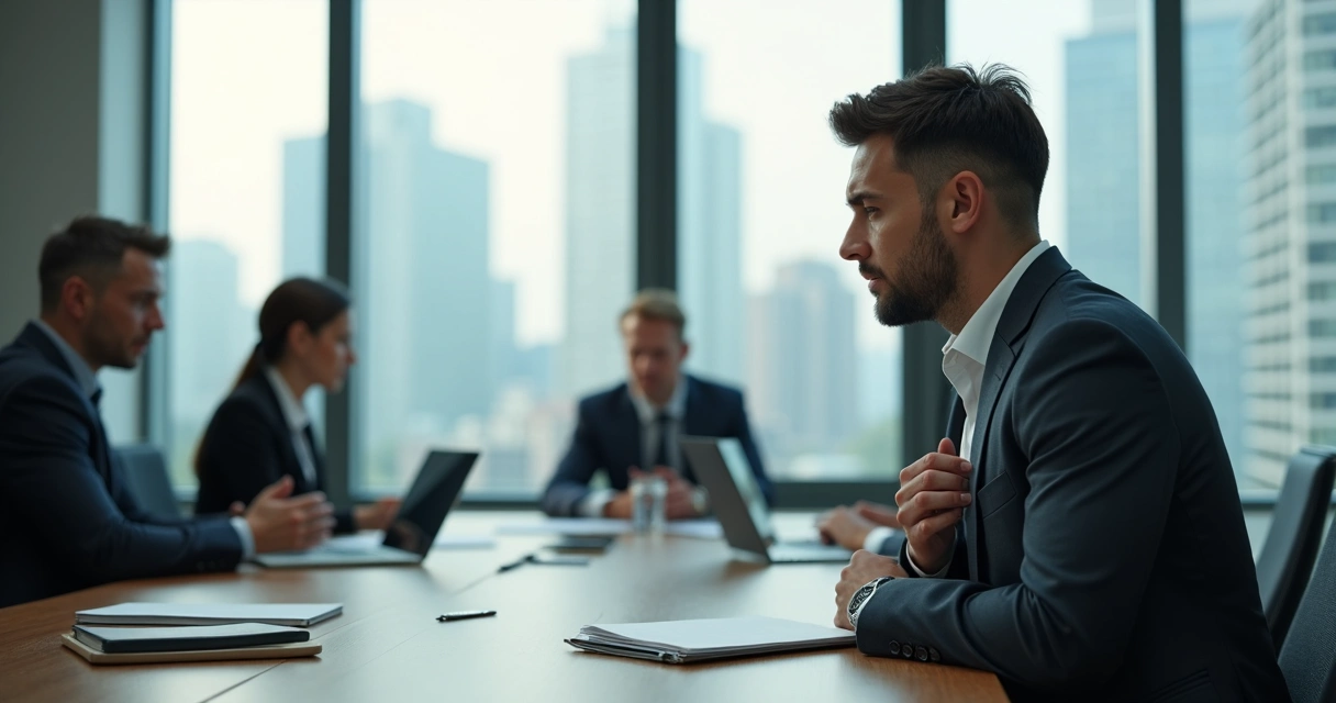 Office worker in tense meeting with subtle breath indicators 