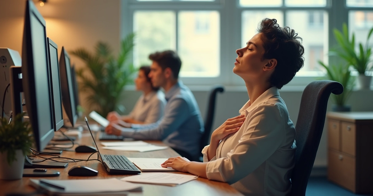 Office workers at desks, one person with hand on chest noticing their breath