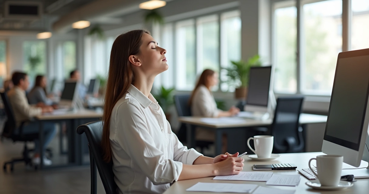 Person sitting at a desk with eyes closed, pausing for a short breathing break 