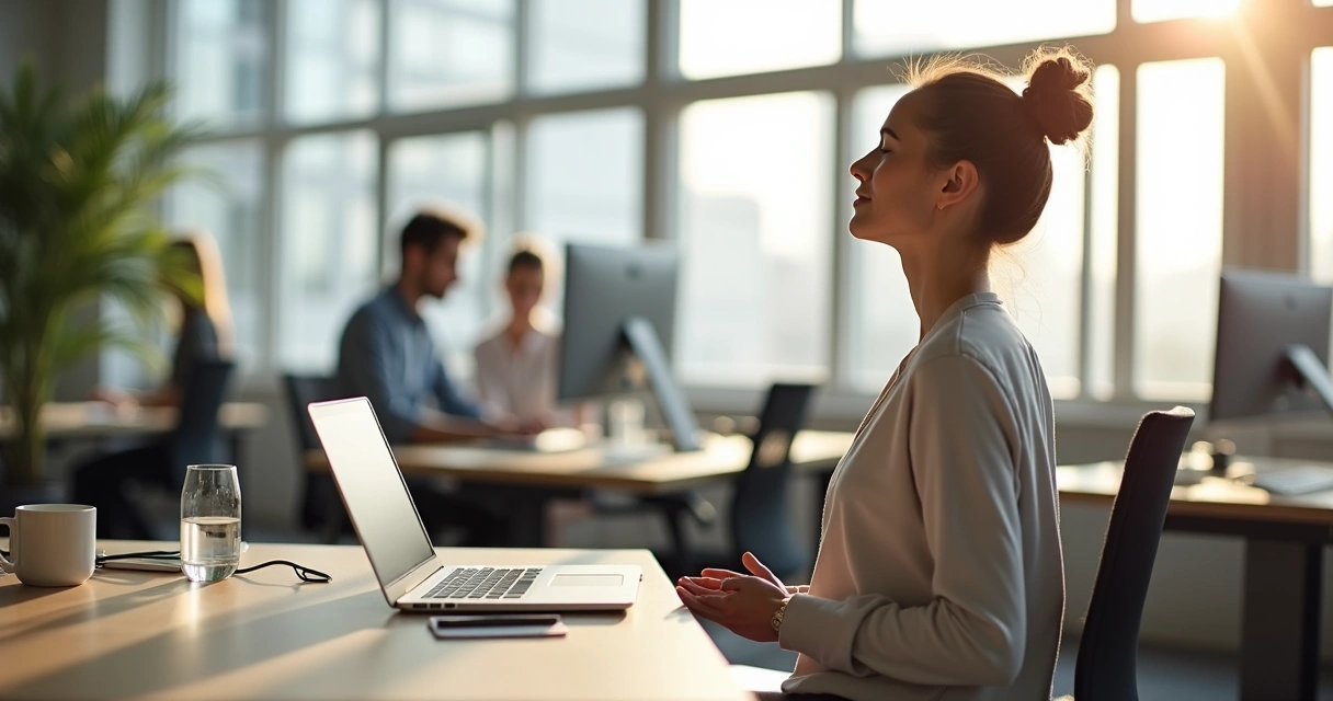 Office worker eyes closed taking a breathing break at desk 