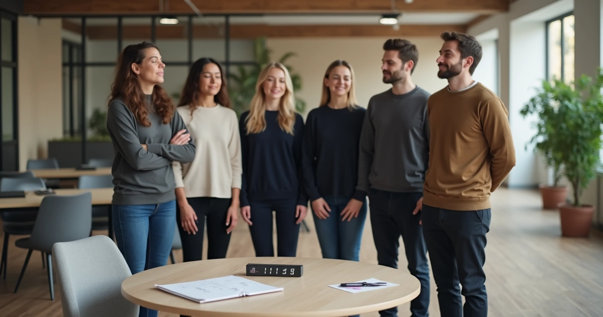 Workers in a quiet office standing in a circle practicing slow exhale breathing together 