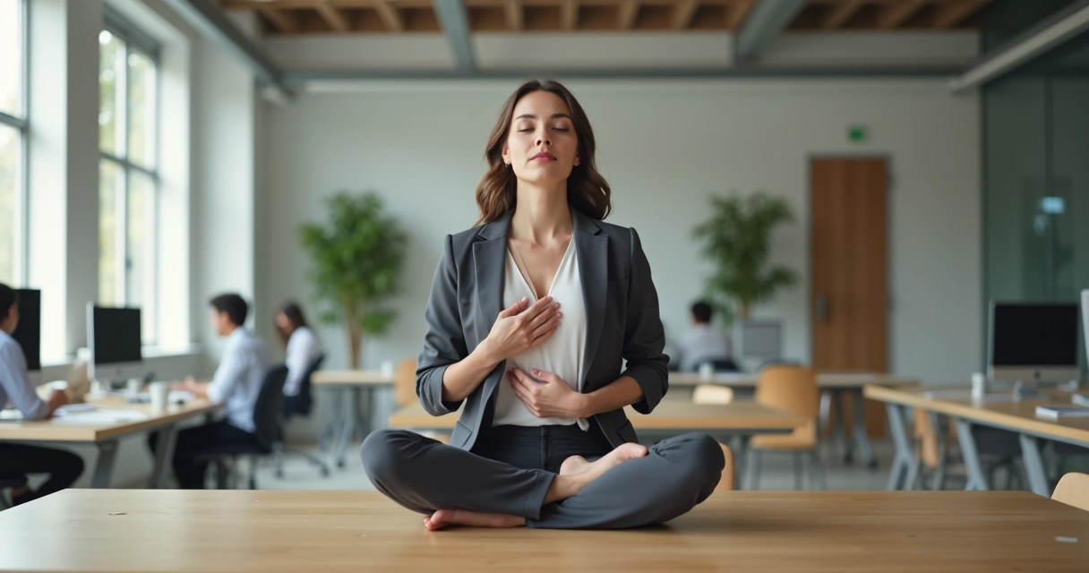 Professional sitting at desk practicing mindful breathing at work 