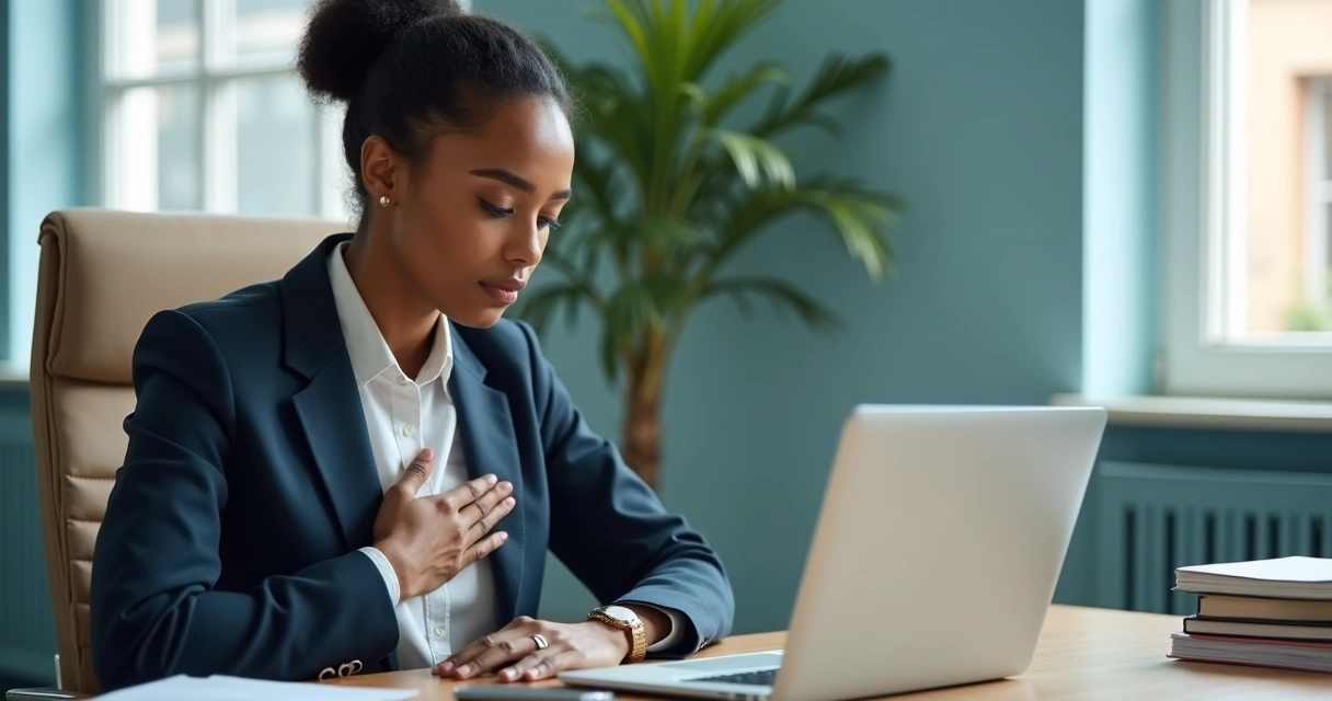 Professional pausing at desk for conscious breathing 