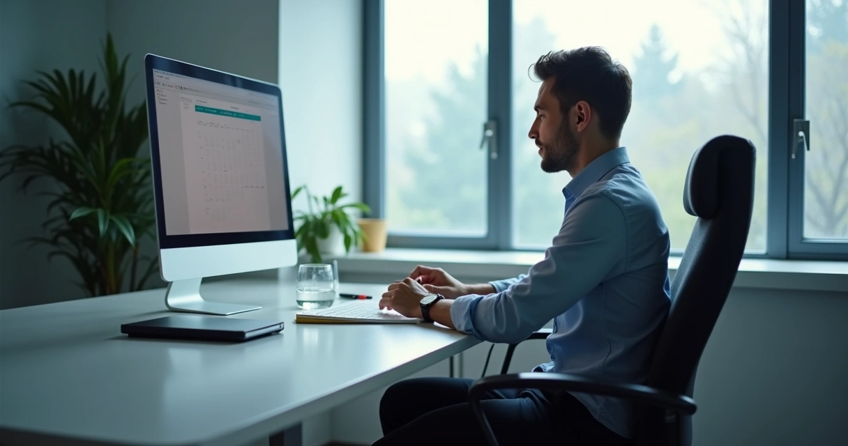 Person sitting at a desk doing a calm breathing pause before work 