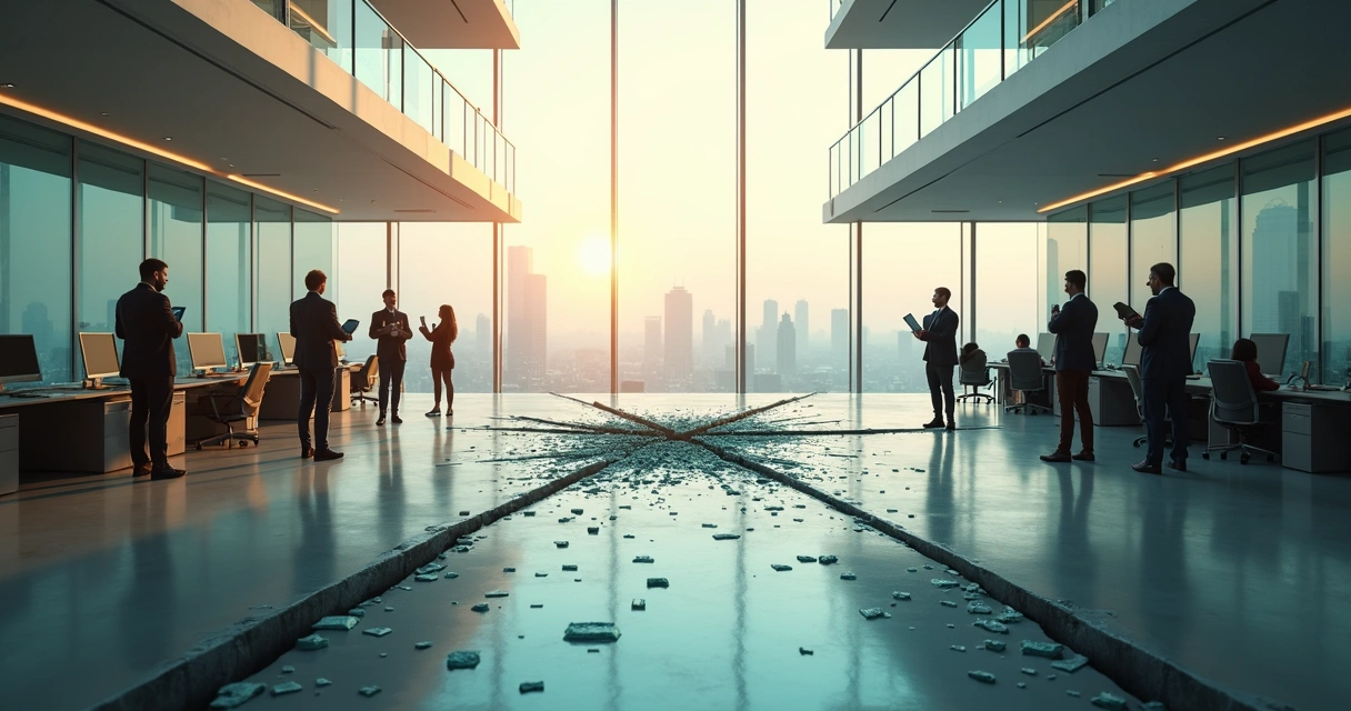 Colleagues standing on separated office platforms divided by a broken glass bridge 