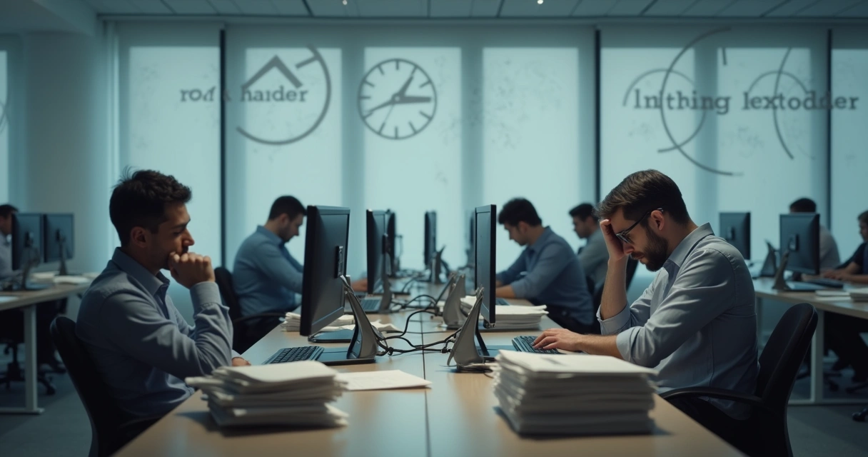 Open plan office with tired workers and subtle patterns of overwork 