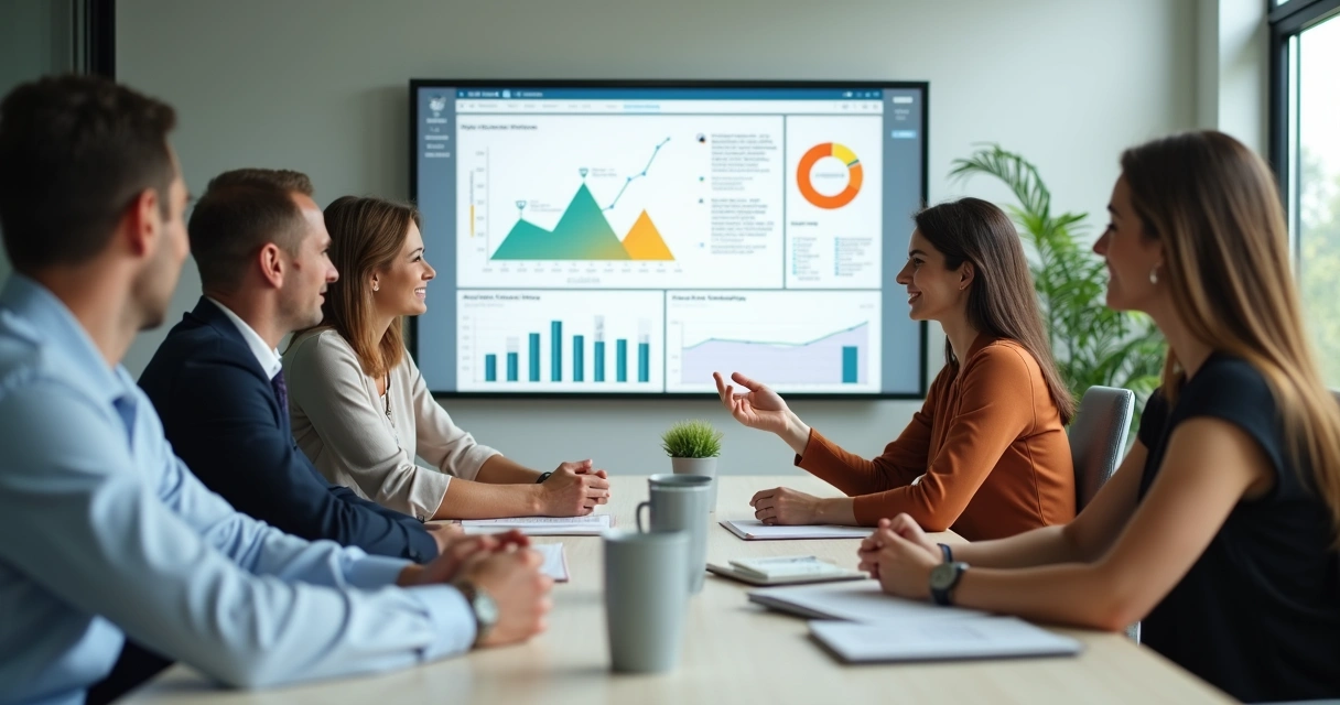 Team in a modern office discussing calmly around a table 