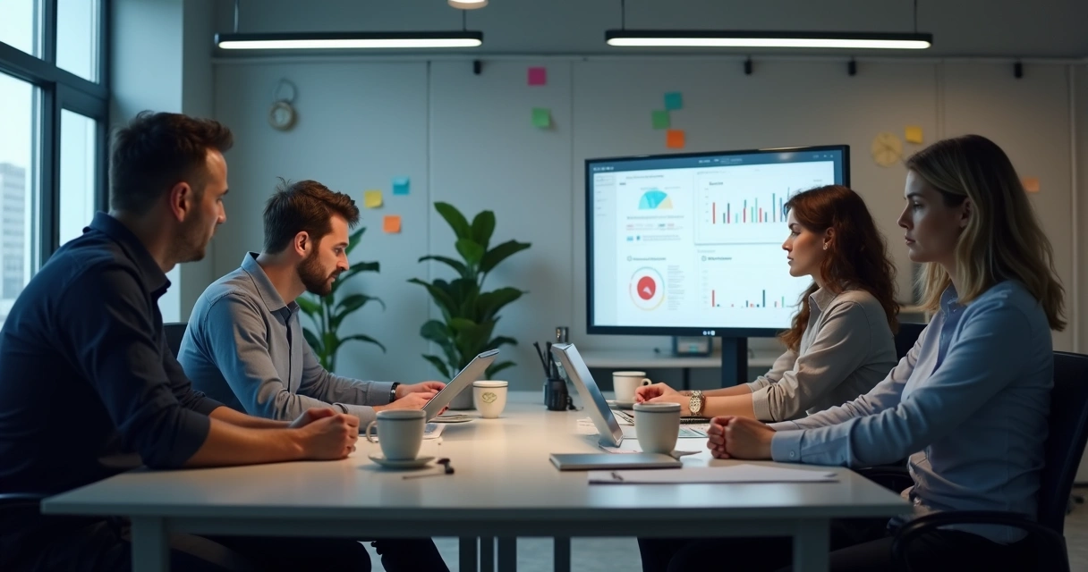 Office team showing low energy while reviewing a project plan at their desks 