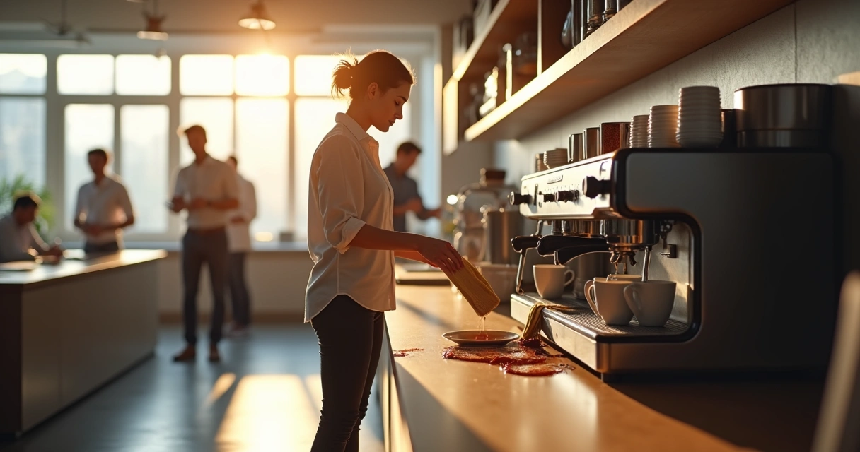 Colleague cleaning up a coffee spill in an office kitchen 