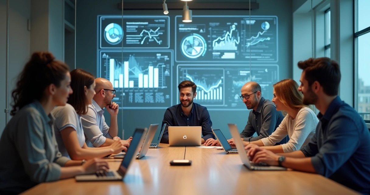 Business team seated at a desk using laptops and tablets, digital graphs projected on the wall behind.