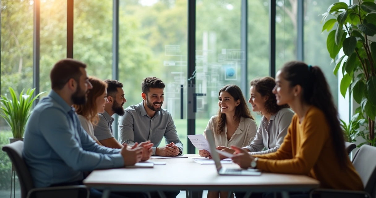 Modern office with diverse team collaborating 