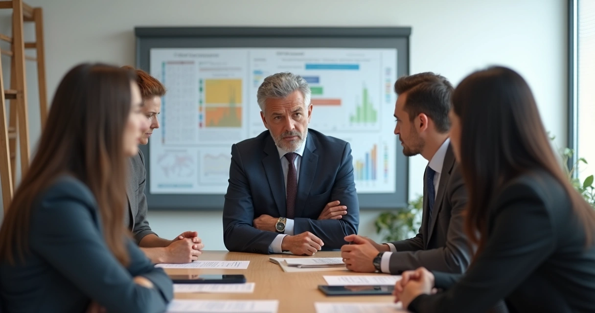 Office colleagues during a tense conversation around a table 