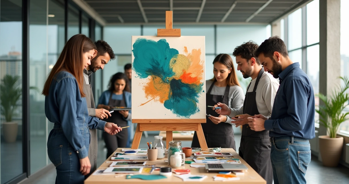 Diverse coworkers creating a large abstract painting together in a modern office space 