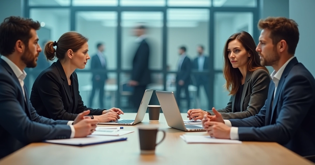 People in an office meeting, some exchanging subtle glances, others quietly withdrawn