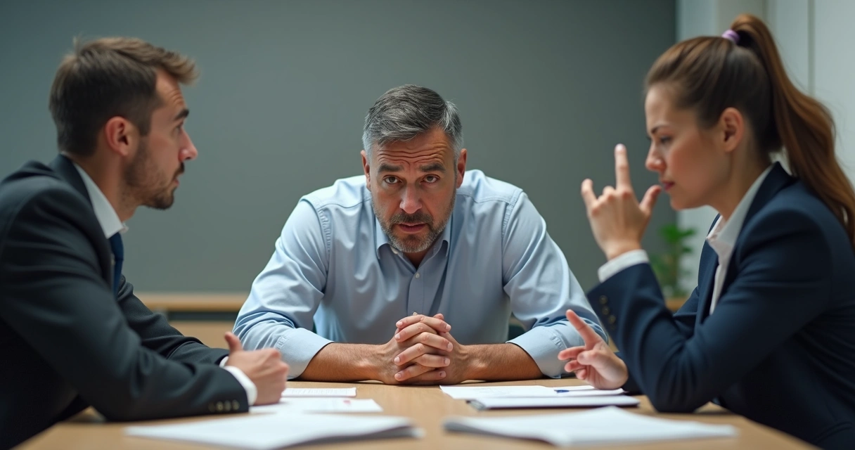 Three colleagues in a tense discussion at a conference table, with one looking away uncomfortably. 