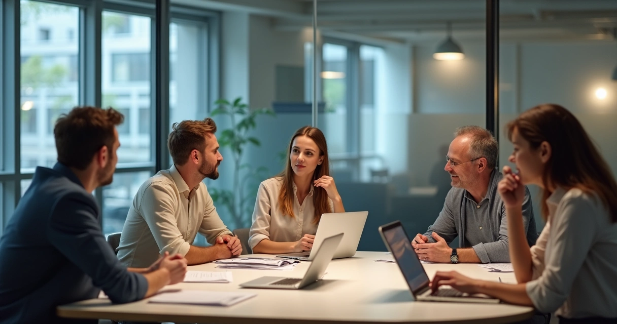 Colleagues in office discussing a disagreement at meeting table 