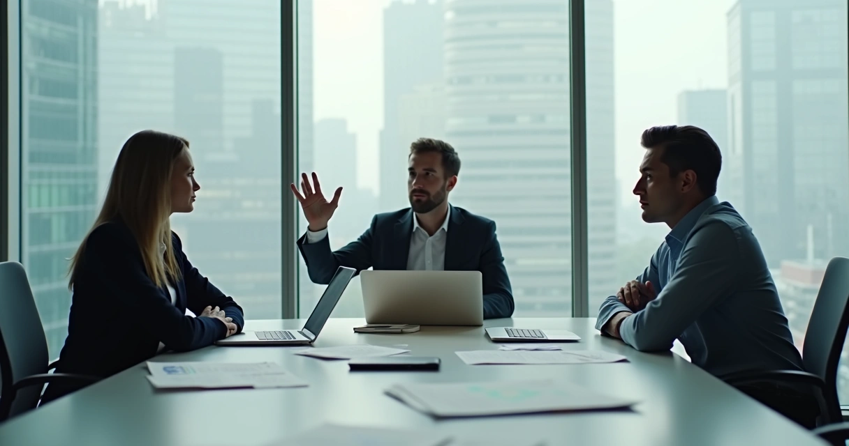 Three people in a meeting room seated at a table, one person raising a hand and another crossing arms, with tense body language, neutral office setting