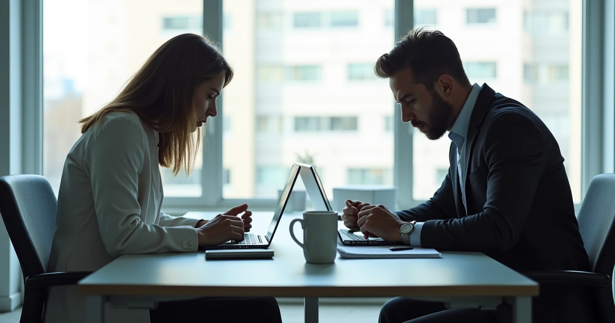 Colleagues avoiding eye contact in an office 