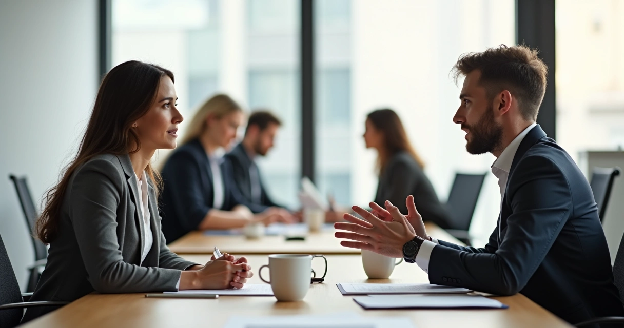 Two colleagues discussing a problem across a desk