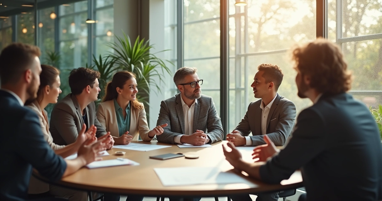 Diverse professionals in an office, discussing at a round table with calm expressions