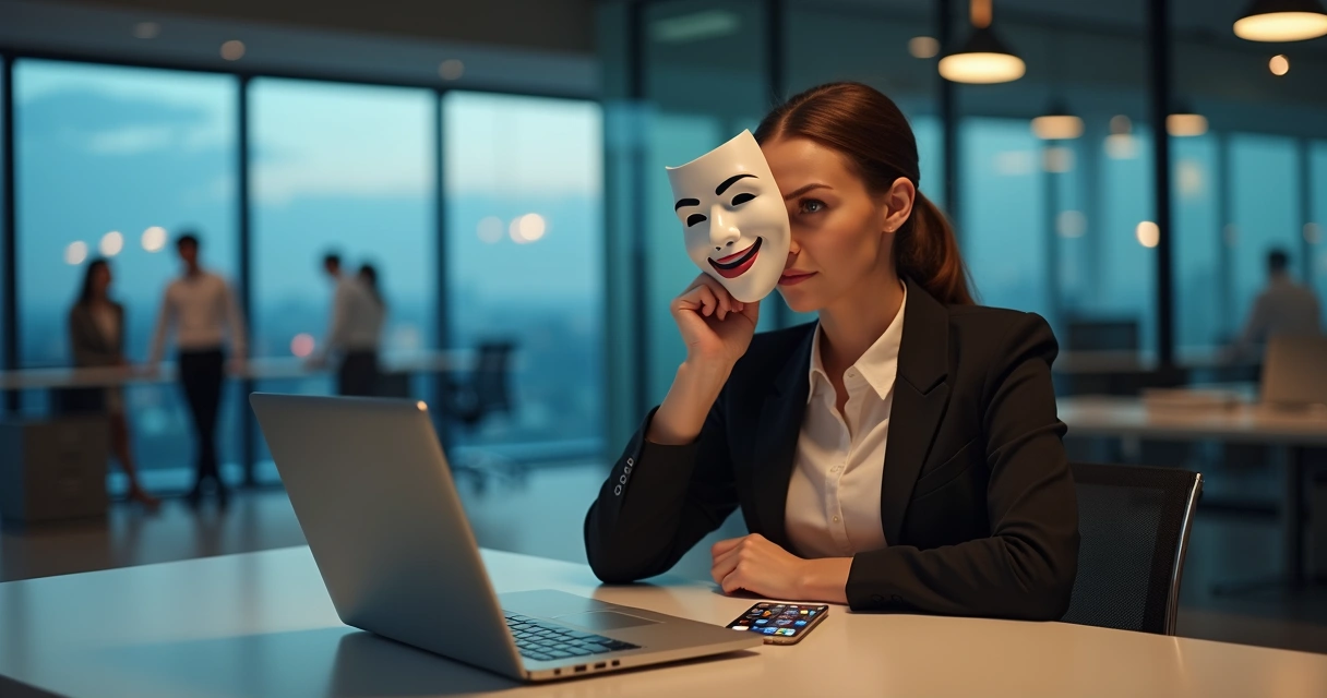 Professional holding a smiling mask at a desk crowded with approval symbols 