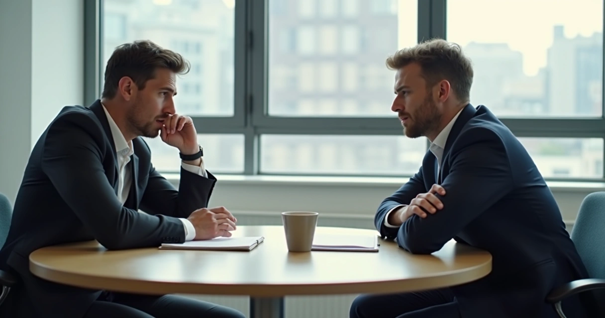 Two people sitting across a table showing tense body language during a conversation 