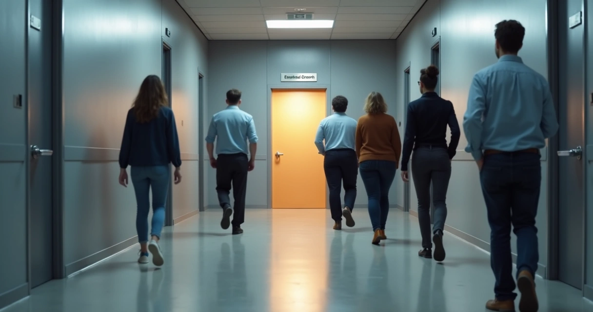 Office workers walking past glowing door marked emotional growth 