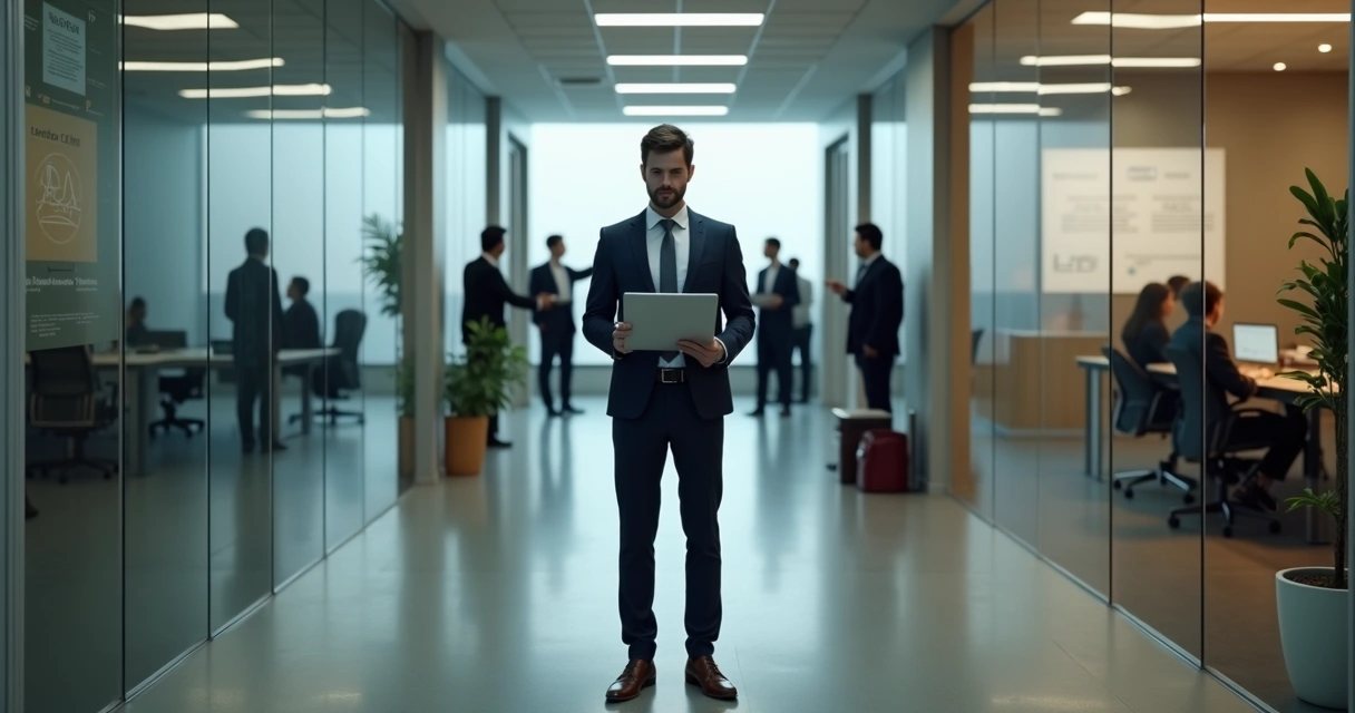 Professional hesitating between two contrasting office groups in corridor crossroads 