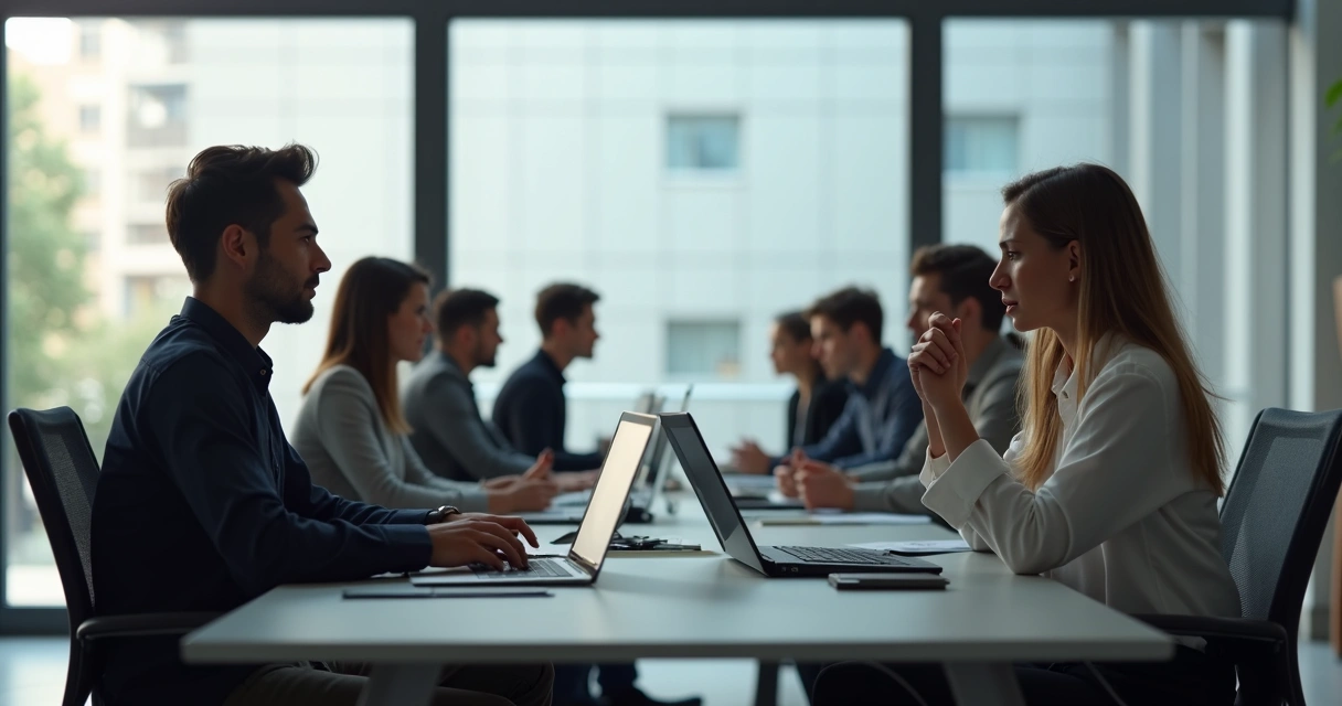 Coworkers at a table in an office, silent, with visible tension in the air, one person hesitating to speak up 
