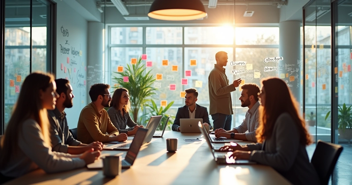 Team in an office brainstorming with sticky notes on the wall, diverse people participating equally 