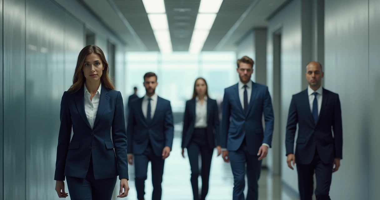 Employees showing similar expressions in an office corridor 