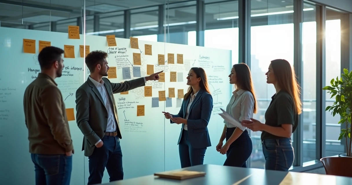 Team reviewing notes on a glass wall in an office meeting