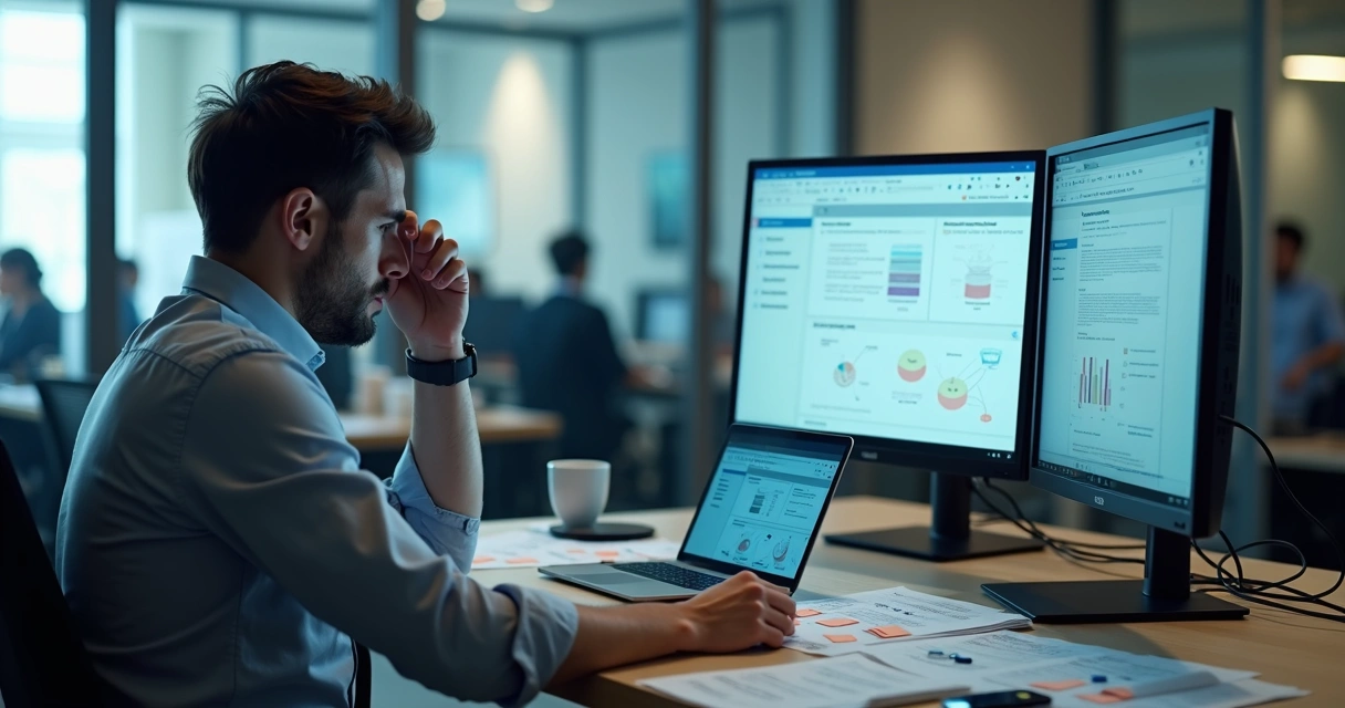 Worker at desk facing many choices on screens and notes 