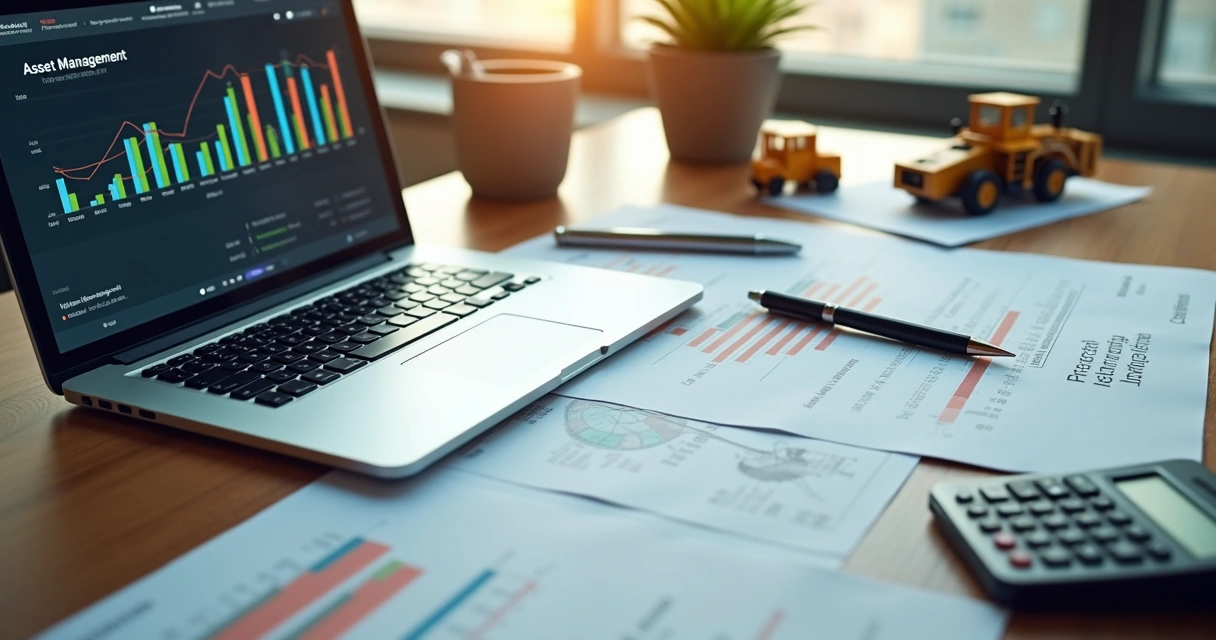 Office desk with computer, financial documents, and small asset models for inventory management 