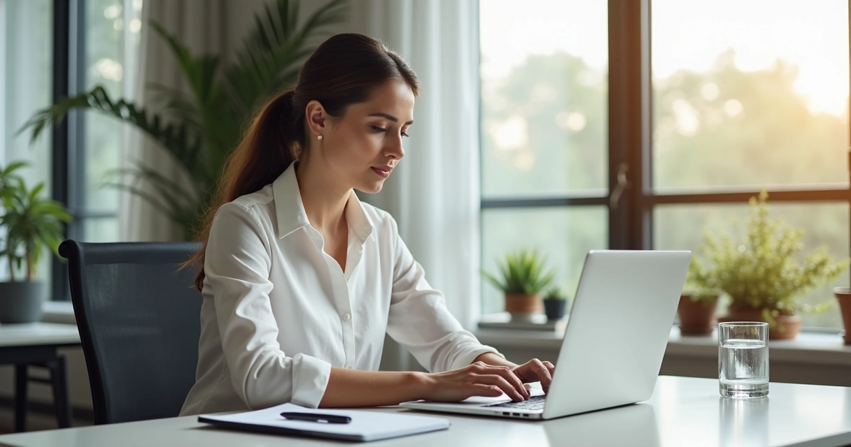 Professional pausing for a calm breath at a desk 