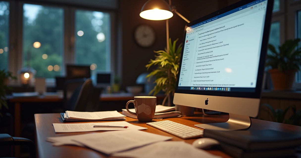 Messy desk with unfinished work and a coffee mug 