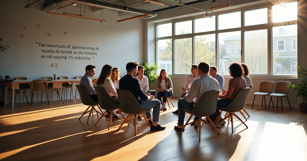 Small group of diverse coworkers in a circle discussing in an open office