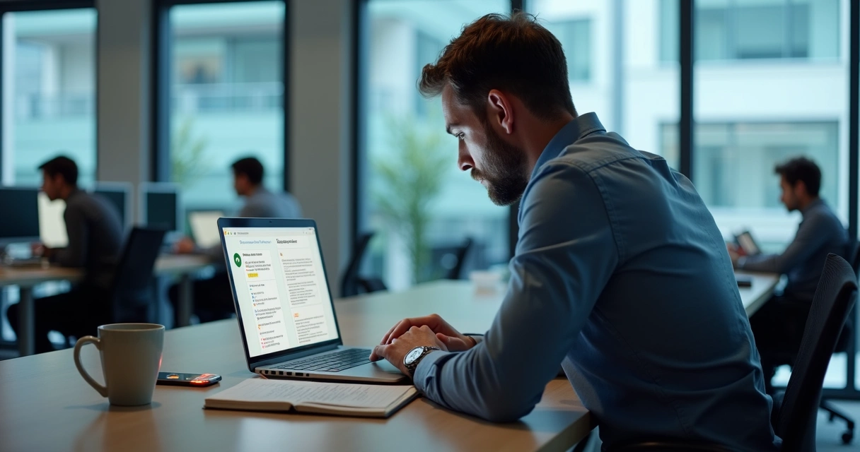 Office worker at desk comparing two suspicious emails on laptop screen 