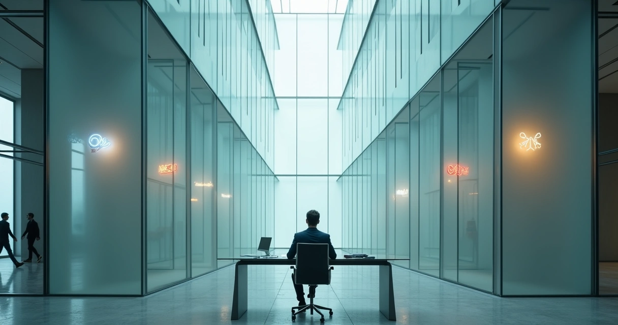 Manager at glass desk overlooked by towering office labyrinth 