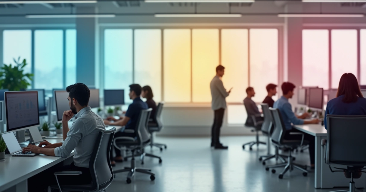 Employees in an open office reacting differently as a color wave of emotion passes by 