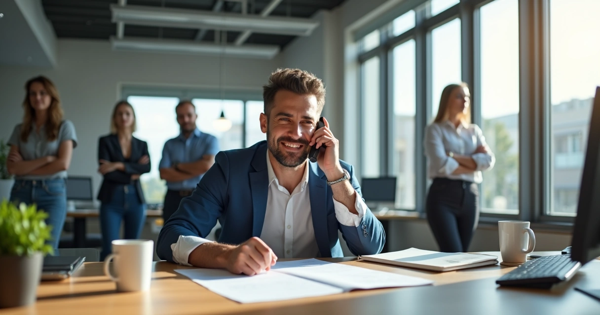 Employee at desk holding a phone, forced smile, surrounded by frustrated coworkers