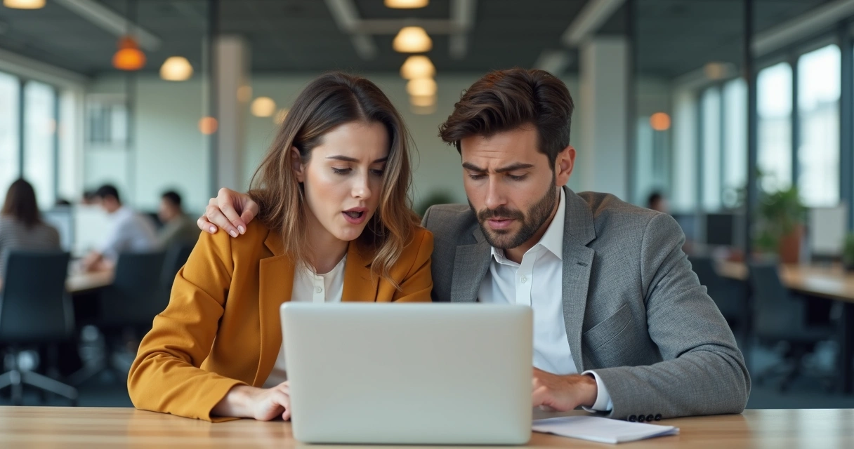 Coworkers reacting to emotional news in open office 