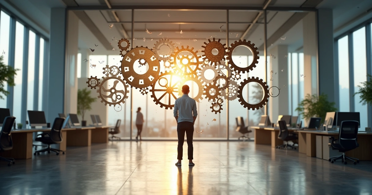 Office worker standing inside giant clockwork gears casting emotional symbols as shadows 