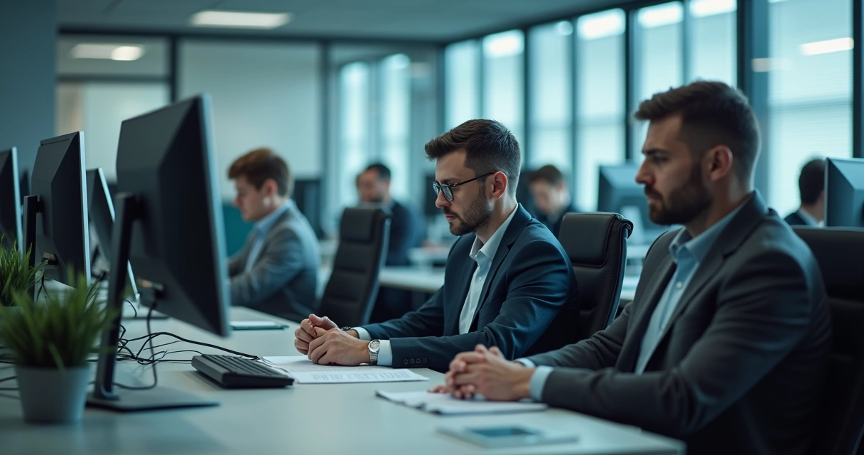 Open office space with several employees working quietly, showing tense body language, minimal interaction