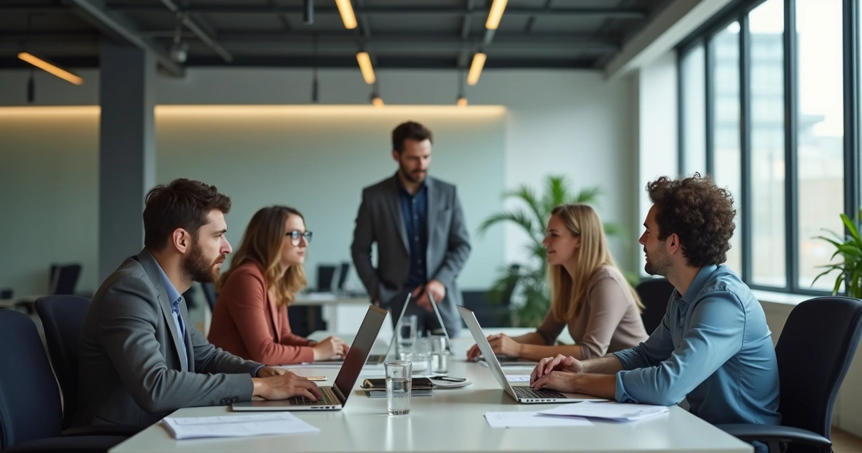 Team at work with leader showing mixed emotions 