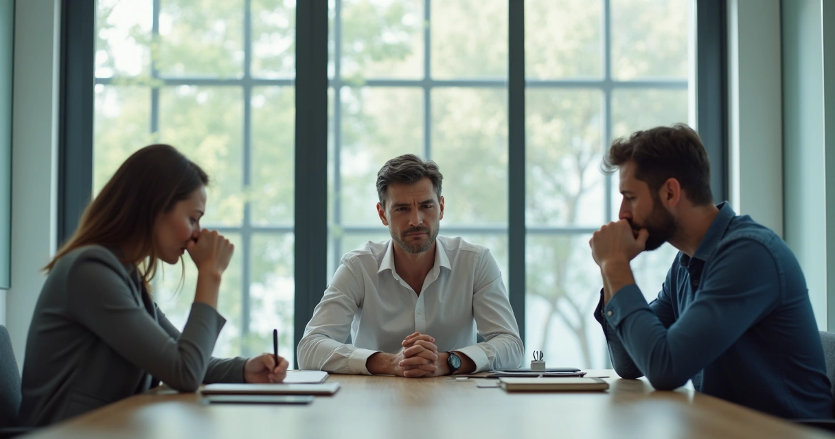 Manager listening while team members sit in a tense office meeting
