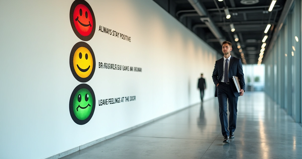 Professional walking past emotional expectation icons on office wall 