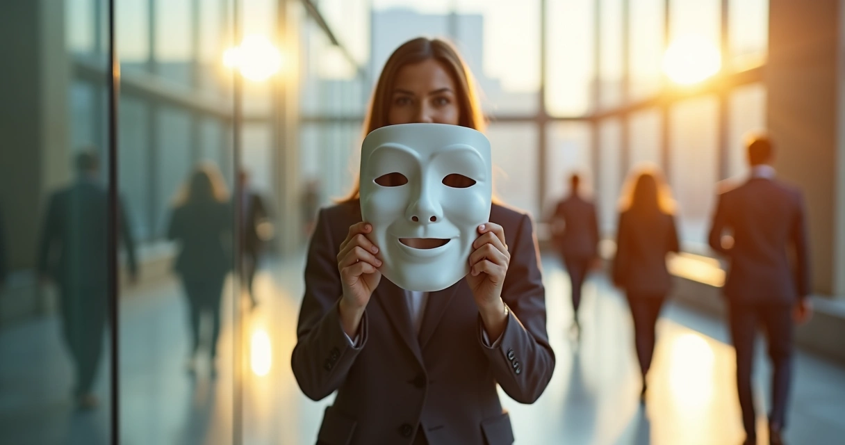 Office worker holding an empathy mask in a reflective corporate lobby 