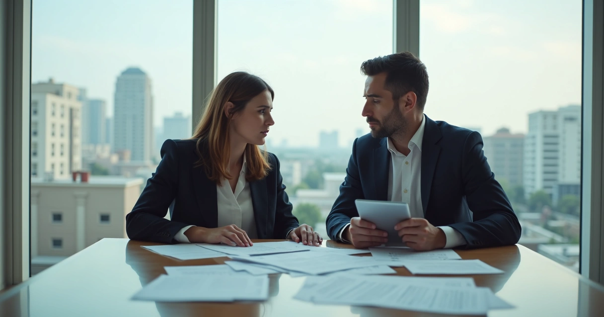 Two professionals in an office looking at documents with concerned expressions
