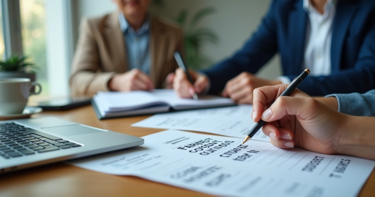 Professional reflecting over notes during an office ethics discussion 